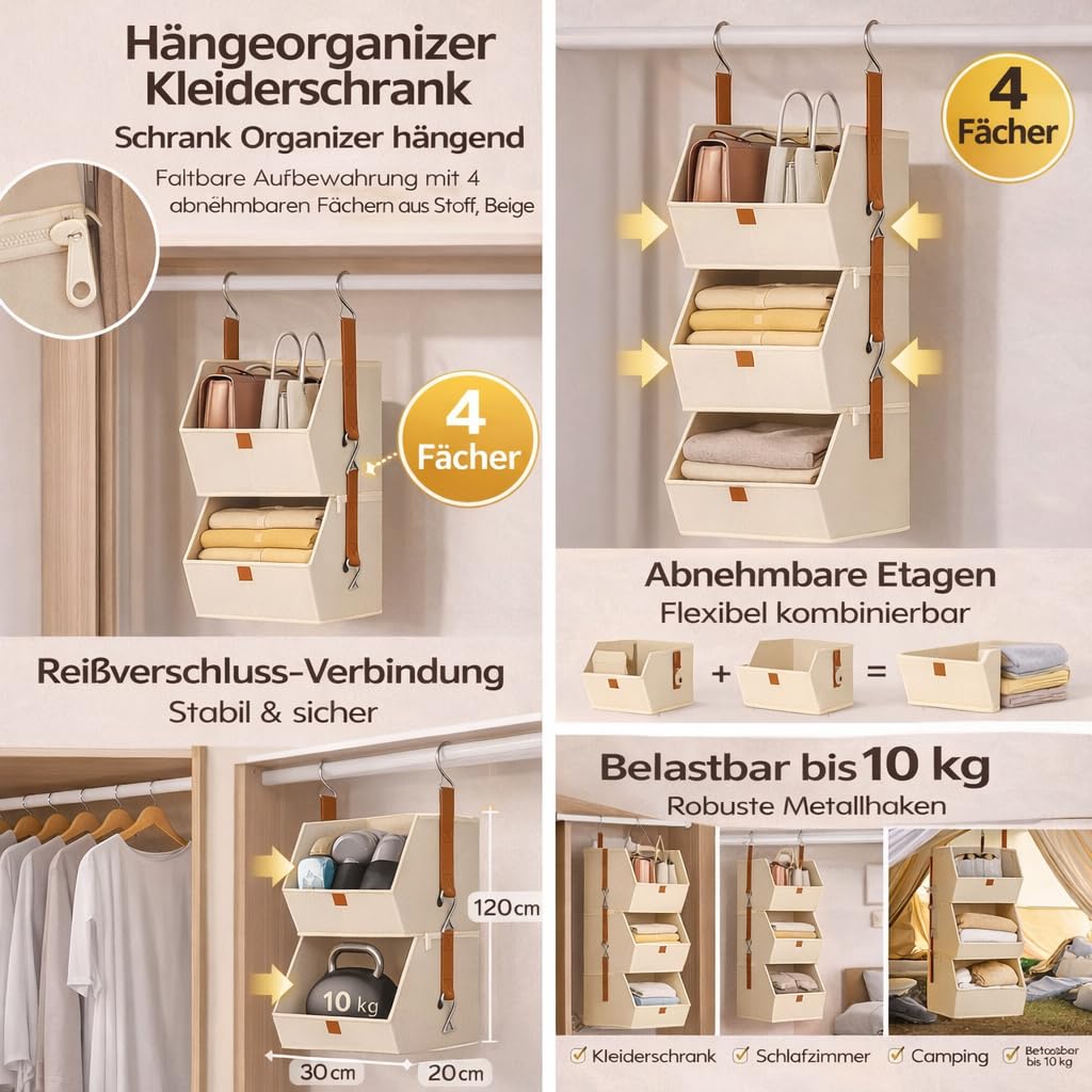 Hängeorganizer Kleiderschrank mit 4 Fächern – Faltbare Hängeaufbewahrung aus Stoff, Abnehmbarer Schrank Organizer mit Metallhaken, Hängeregal für Kleidung, Taschen & Spielzeug (bai)