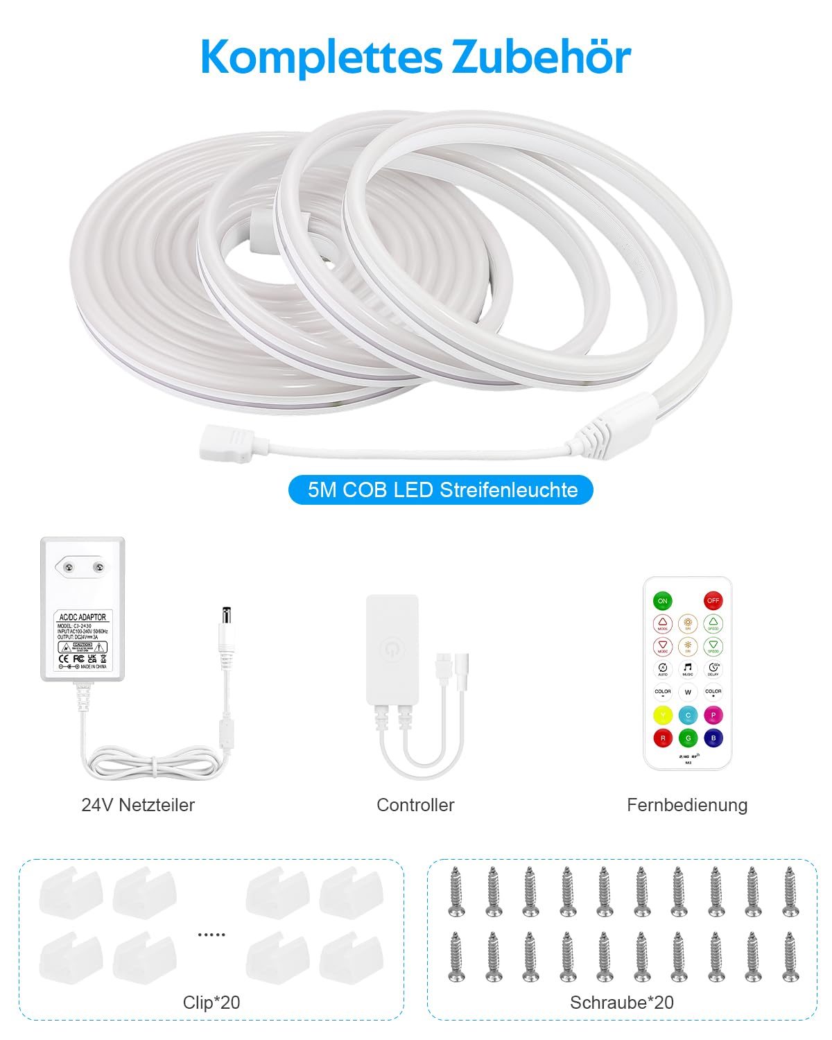 Aclorol Tira de luces LED RGB IC de 5 m, 24 V, 300 ledes, superbrillante, flexible, con sincronización de música, IP65, resistente al agua, incluye fuente de alimentación de la UE, mando a distancia