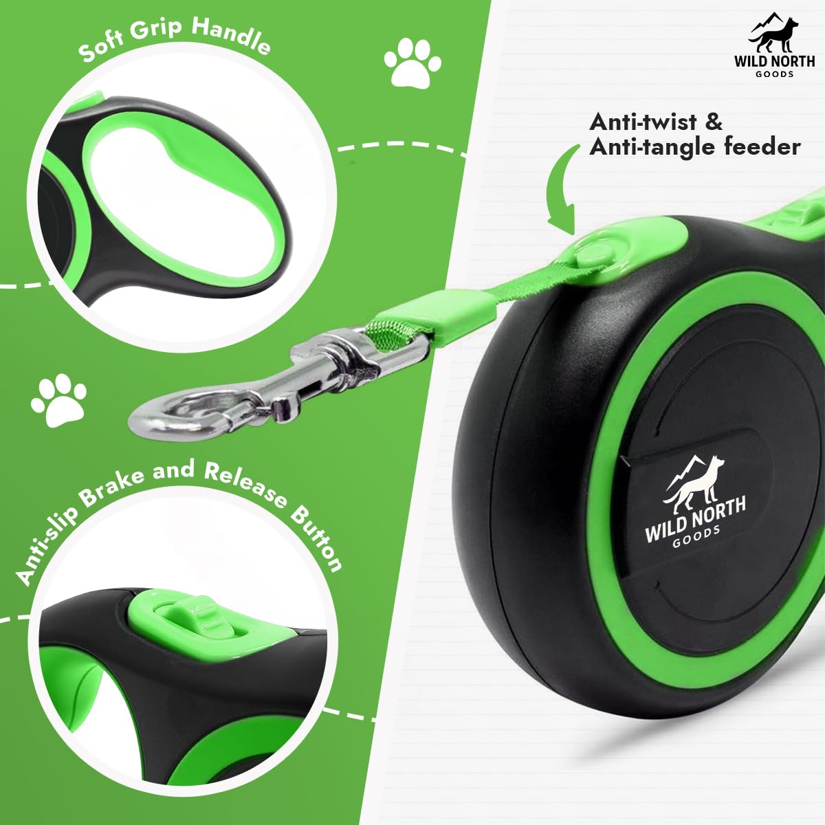 Wild North Goods Dual Dog Lead Set, 5m Retractable Extendable Lead with 50kg Strength + Detachable Double Dog Splitter Leash - Image 3