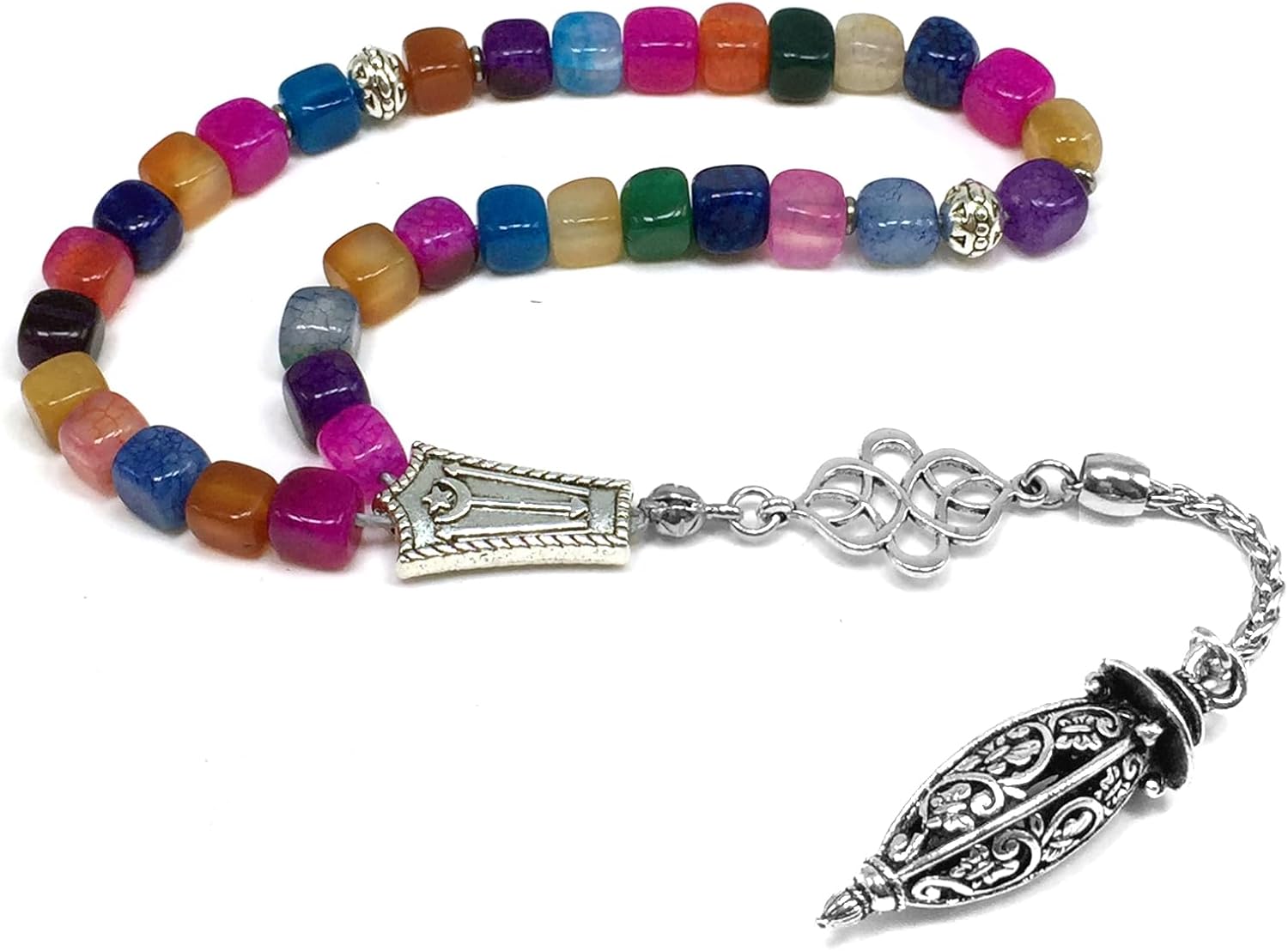 Design -Square Beads Collection Worry Beads - Prayer Beads (8 mm-33 Beads) Tesbih-Tasbih-Tasbeeh-Misbaha-Masbaha-Subha-Sebha-Sibha-Rosary-Worry Beads (Colored Square Agate)