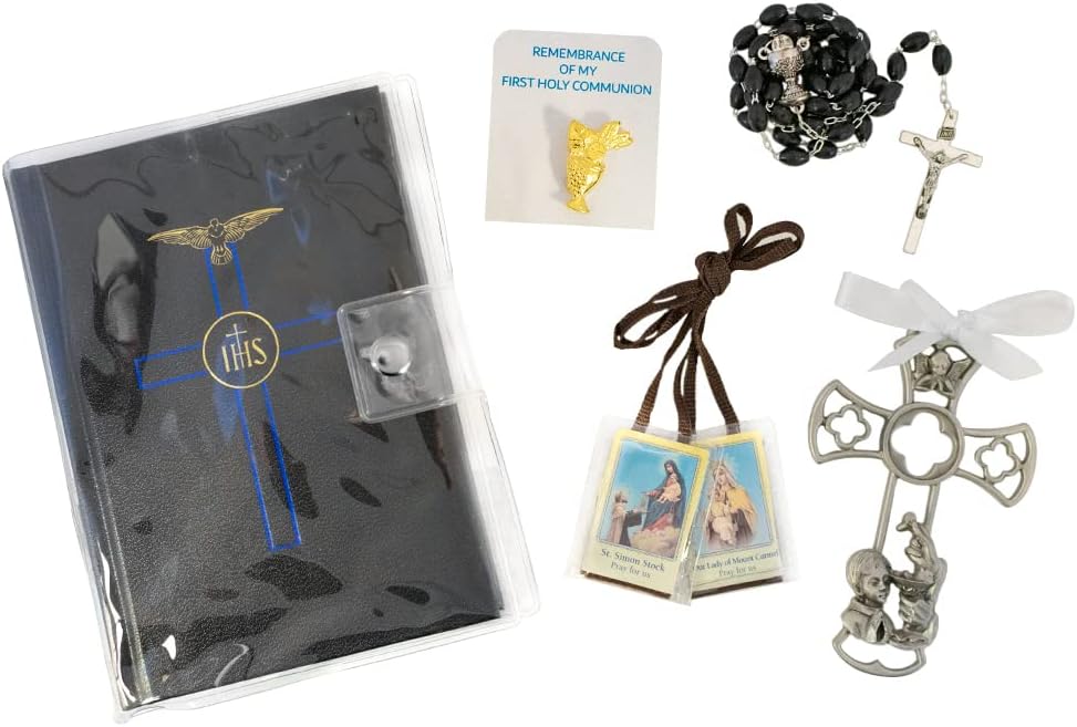 VILLAGE GIFT IMPORTERS - First Holy Communion Gift Set | Metal Keepsake Wall Cross, Catholic Mass Book, Rosary, Scapular, Commemoration Pin, Religious Gift Bag (White for Girls)