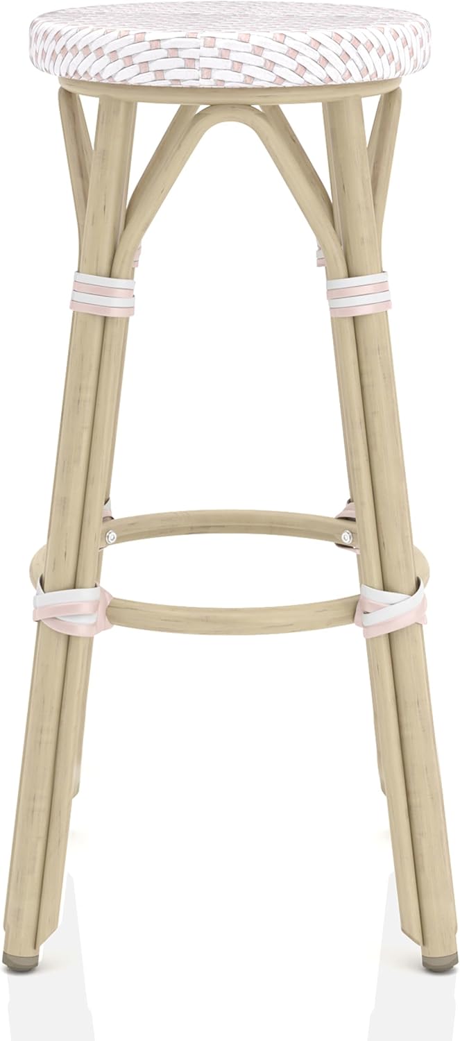 Greemotion Binde Boho 30-inch Aluminum and All-Weather Wicker Barstools with Footrest, Patio Stools & Bar Chairs for Outdoor, Kitchen Counter, Poolside, Yard, Set of 2, White