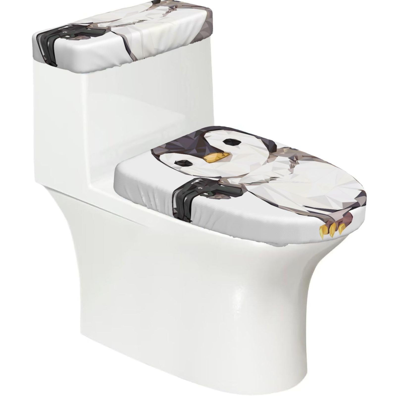 Mrowyc Black Cartoon Penguin 2-Piece Toilet Seat & Tank Lid Cover Set - Elastic Stretch Design - Universal Fit For U-Shape-O-Shape-Elongated Toilets - Functional Bathroom Decor & Housewarming Gift