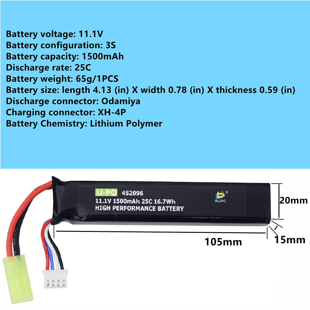 Fytoo 3S 11.1V 1500mAh 452096 Lithium Battery with Odamiya Connector Suitable for Airsoft G36C, CAR15, MP5A5, M249, MC51, FNP90, G3A4 Upgrade Modification Toy Electric Guns, Air Guns, Rifles