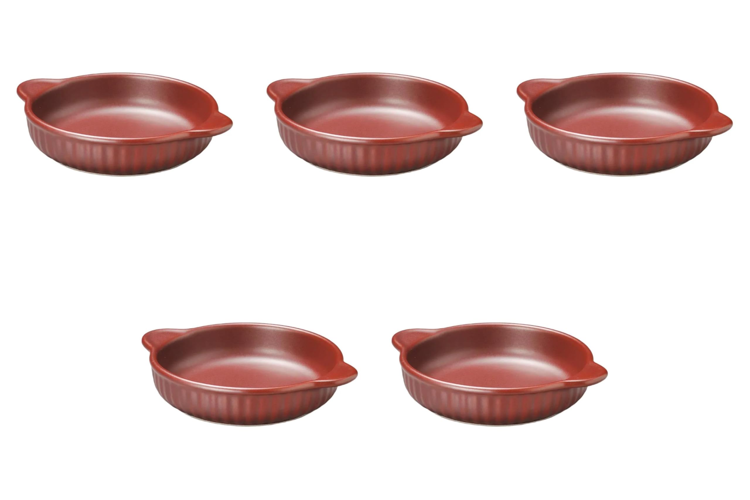Set of 5, Iron Red Round Au Gratin (8.4 x 6.7 x 1.6 inches (21.4 x 17 x 4 cm) | Au Gratin Dish, Ceramic, Direct Fire, Setomonohonpo