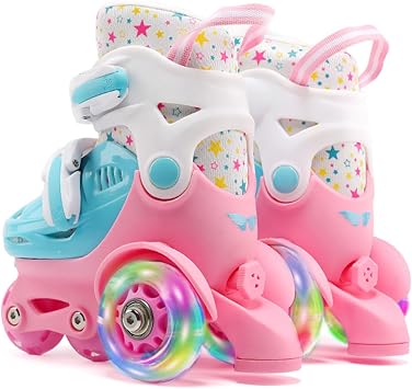 Roller Skate Shoes - PU Glide Quad Footwear, Kids Motion Wheel Sneakers, Soft Elastic Balance Rolling Boots, Cushion Spin Exercise Shoes Build | Indoor Outdoor Play Activity Sea