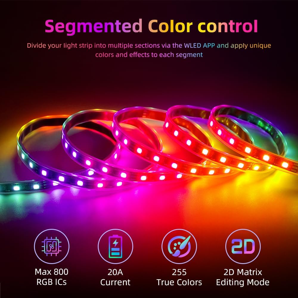 ESP32 WLED LED Controller with Mic for Music Sync, APP/Web Control, IP65 Waterproof, 5V/12V/24V WS2812B SK6812 WS2811 RGBIC Addressable LED Strip Lights, 20A Output Fuse Protection - Image 4
