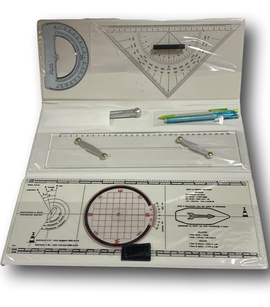 Agendepoint.it - Set strumenti per nautica - compasso, squadretta, goniometro, righello a snodo, matite, in custodia