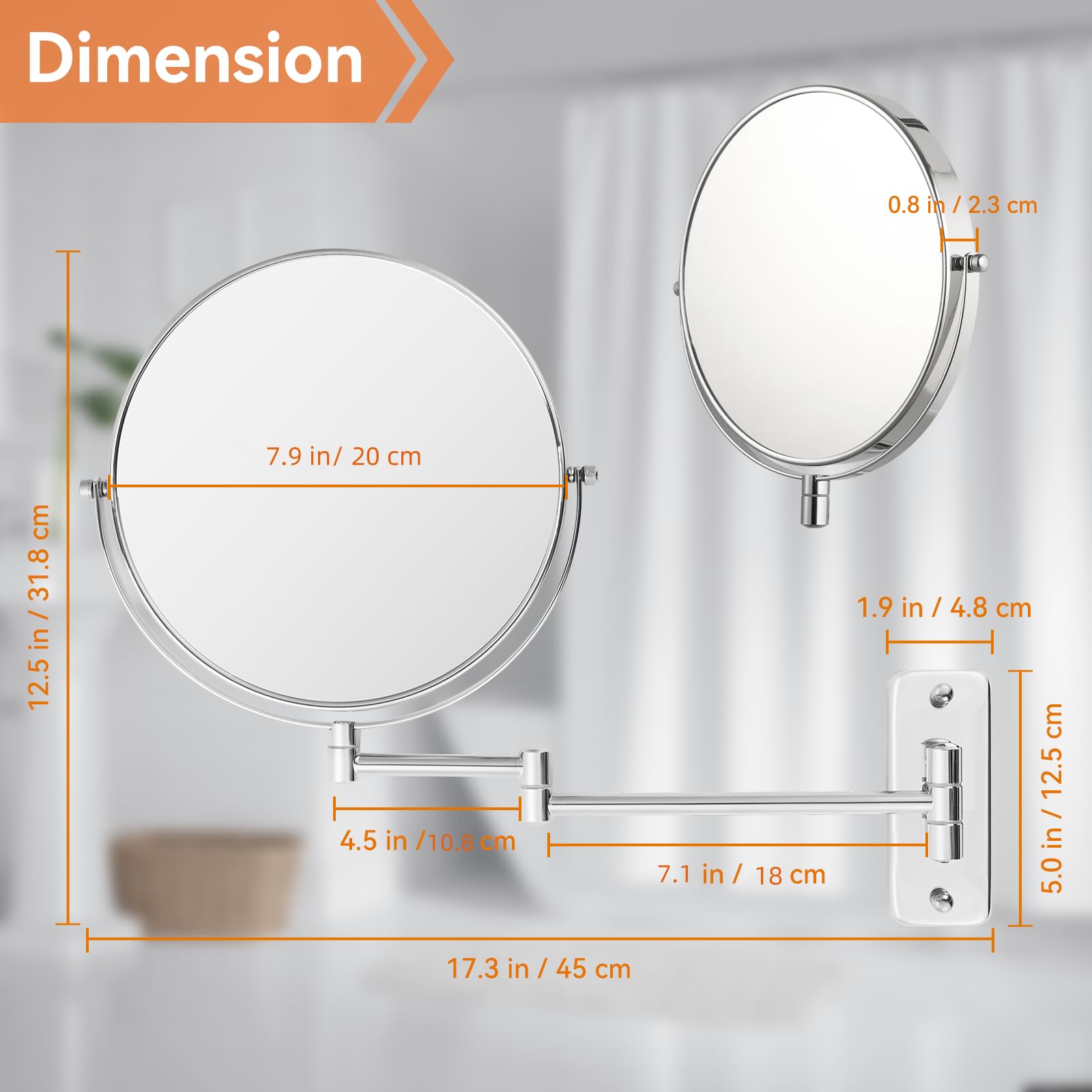 Wandgemonteerde make-upspiegel met vergroting, 8 inch nikkelafwerking 360 ° draaibare uitschuifbare badkamer dubbelzijdige make-upspiegel,3x