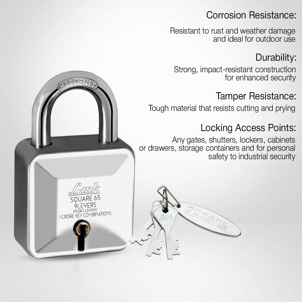 Link Square 65mm Diamond Cut Patented Design Padlock | 9 levers | Double Locking | 1 Cr Key Combinations | Hardened Shackle | Solid Steel Body with 3 Keys — Amazon image 3
