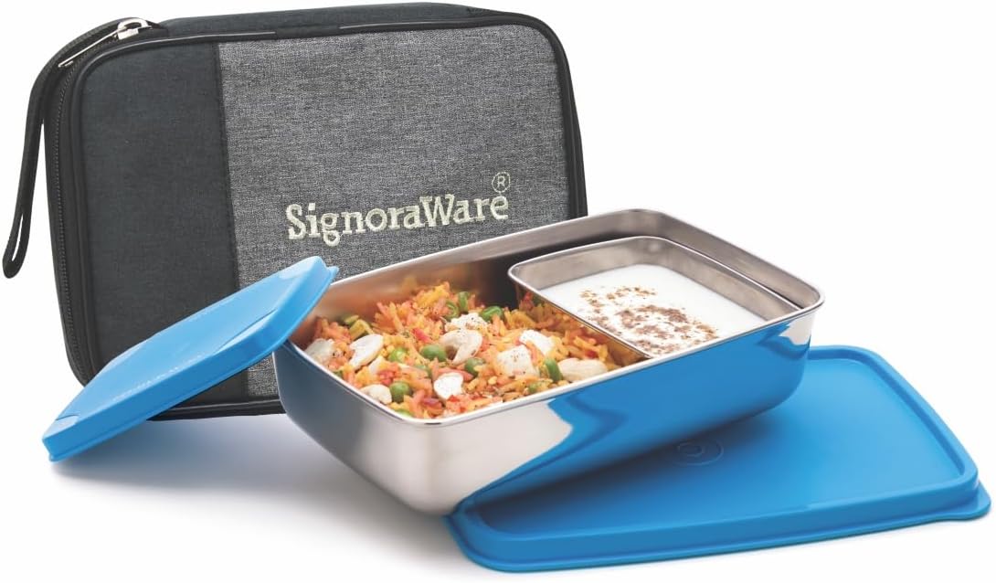 Signora Ware Compact Stainless Steel Big Lunch Box with Bag | Two Compartment Tiffin | Airtight & Leakproof | Useful for Travelling & Outdoors | Best for Office & School Use (850Ml + 150Ml | Blue)