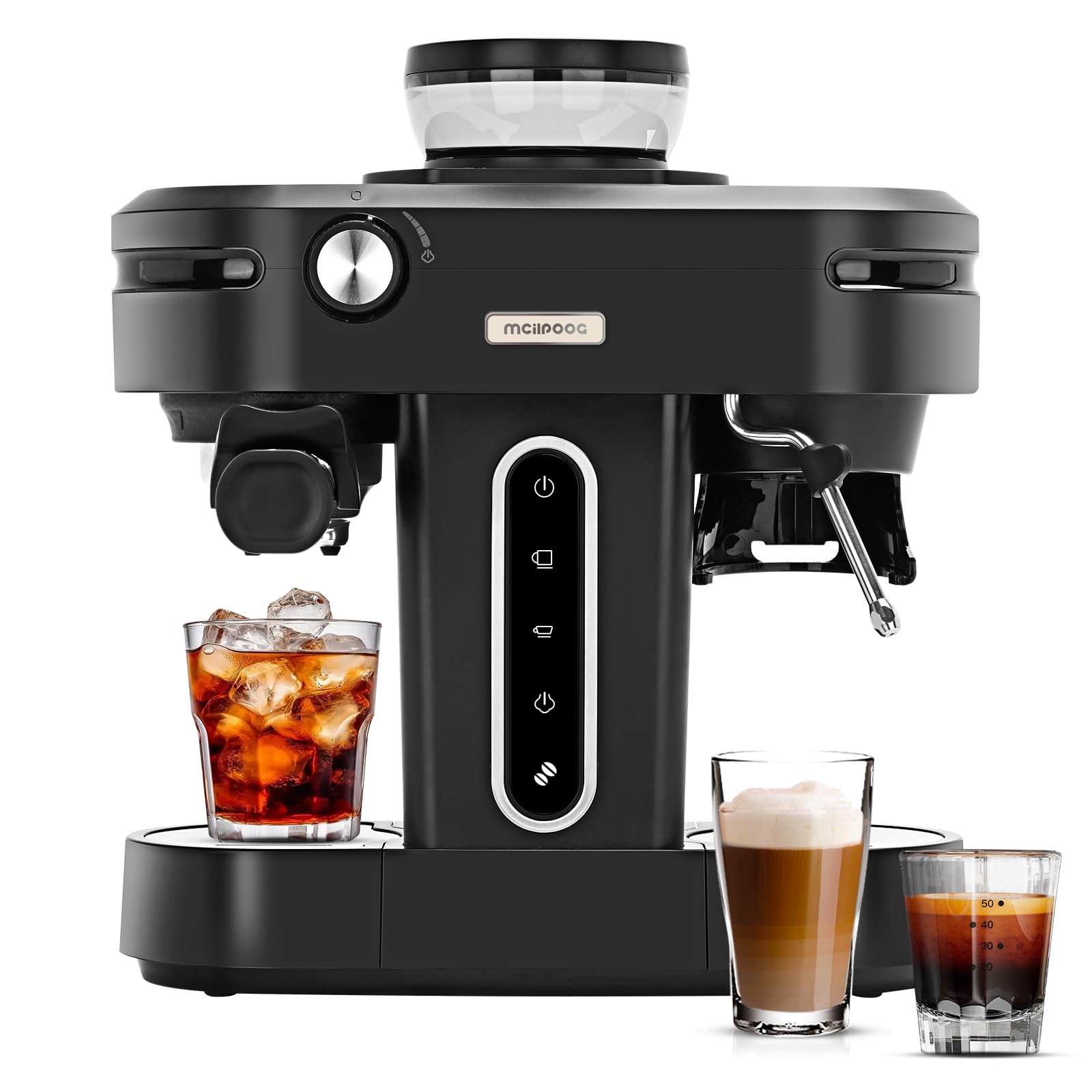 Mcilpoog AC510 Macchina da Espresso Semi Automatica 15Bar con Macinacaffè e Canna del Vapore, Macchina da Caffè Espresso 3-in-1 Compatta con Serbatoio Acqua Rimovibile da 800 ml per Cappuccino o Latte