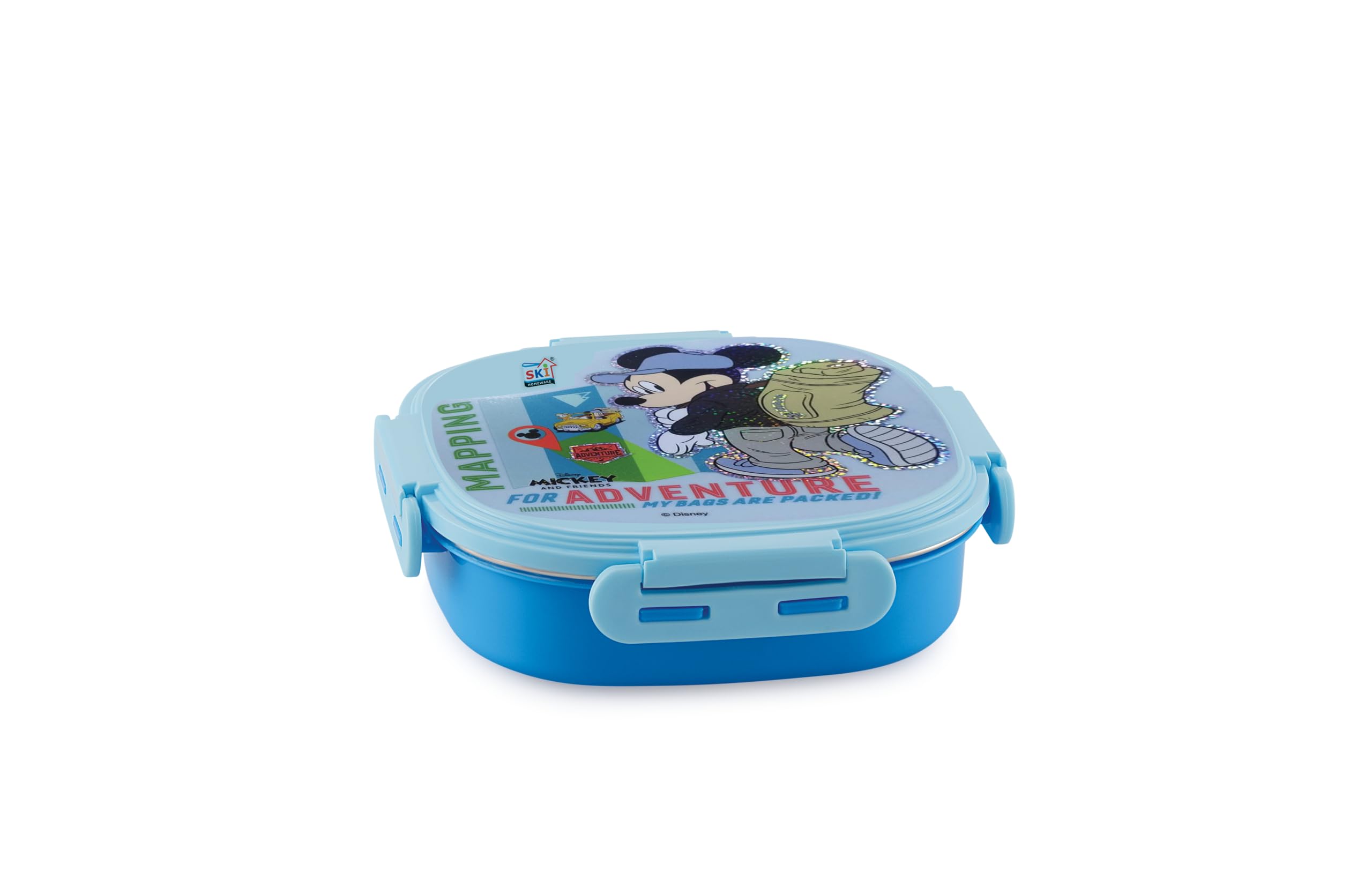 SKi Homeware Baker Insulated 3 Grid Bento Lunch Box With Stainless Steel Inner And A Steel Spoon- Mickey, 450Ml