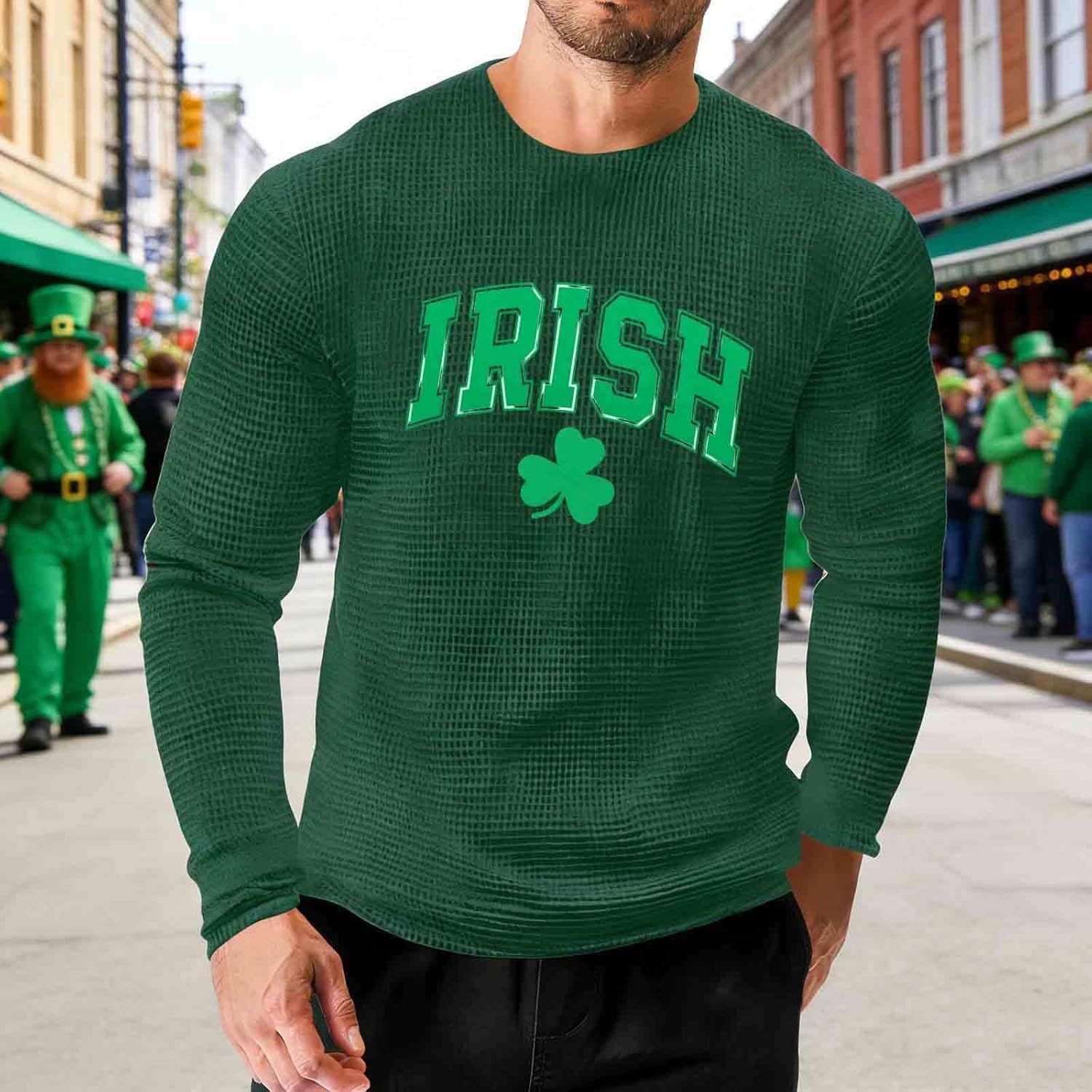 St Patricks Day Shirt Men Waffle Long Sleeve Shamrock Irish Saint Pattys Tops Plus Size Crewneck Casual Tee Shirts - Image 2