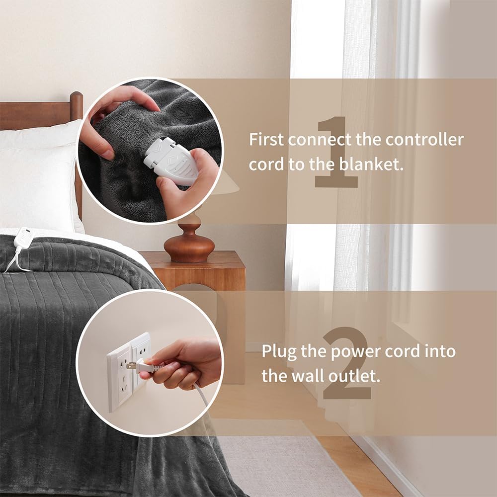 Sheet&Joy Heated Blanket Electric Grey Throw - 50"x60" Heating Blanket Throw 1/2/4/6/8 Hours Auto-Off 8 Heat Level Over-Heat Protection Flannel Sherpa Electric ETL Certification - Image 8