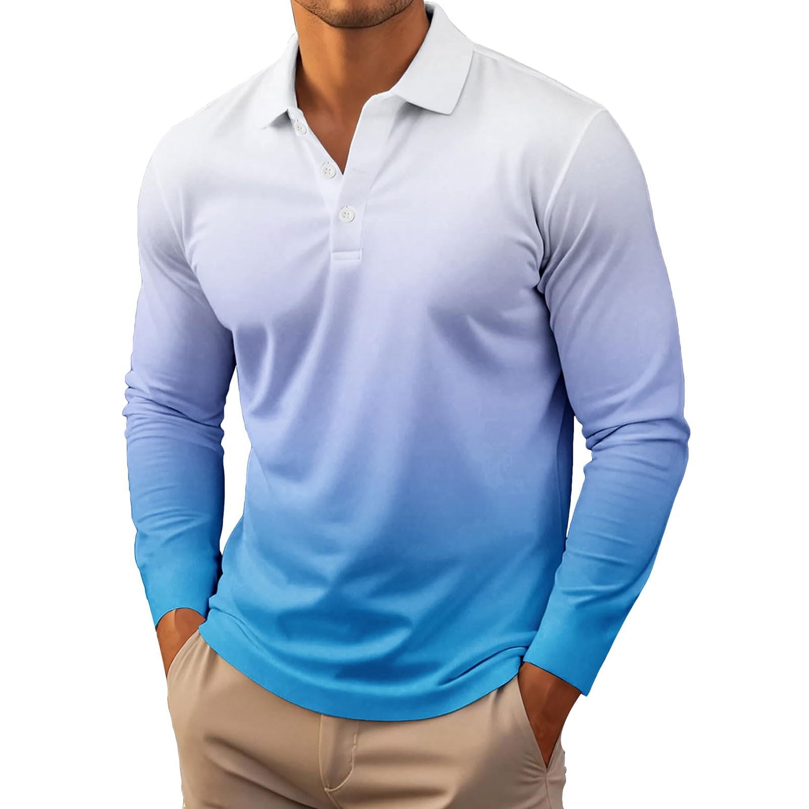 Generico Polo Uomo Manica Lunga a Colore Sfumato Ombré, Colletto Abbottonato Leggero, Modello Raffinato Adatto per Il Golf, Tennis e uscite quotidiane(1A-Sky Blue, XXXXL)