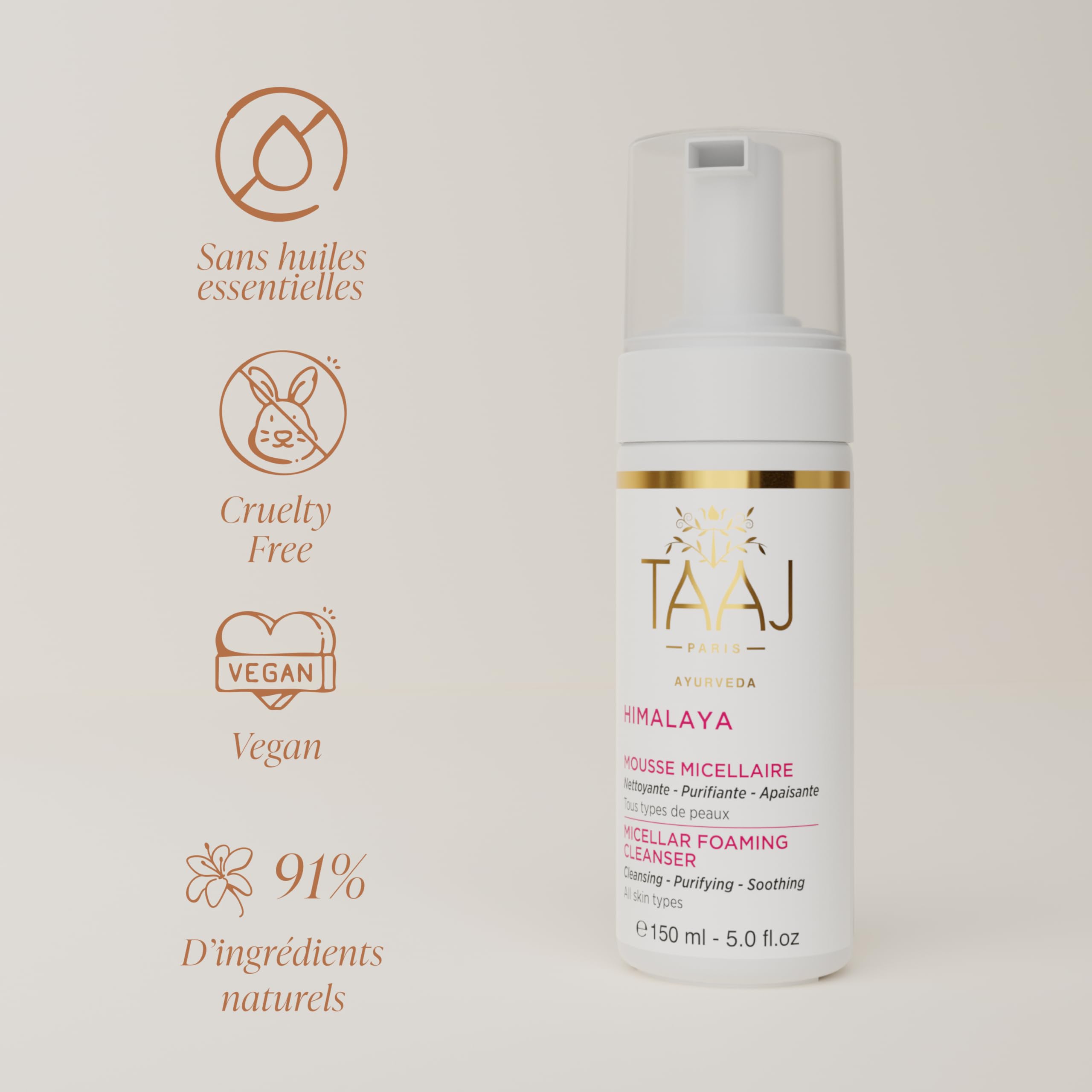 TAAJ | Mousse Micellaire - HIMALAYA | Nettoie, Démaquille & Élimine les impuretés | Peau Propre, Douce & Souple | Propriétés Apaisantes | Teint Frais & Lumineux | Végan & Cruelty Free | 150 ml