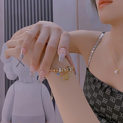 Miniatura 5 de Pulseras de moda contra el mal de ojo con circonita cúbica, pulseras de eslabones de cadena de oro con cuentas para mujeres y niñas, Metal,