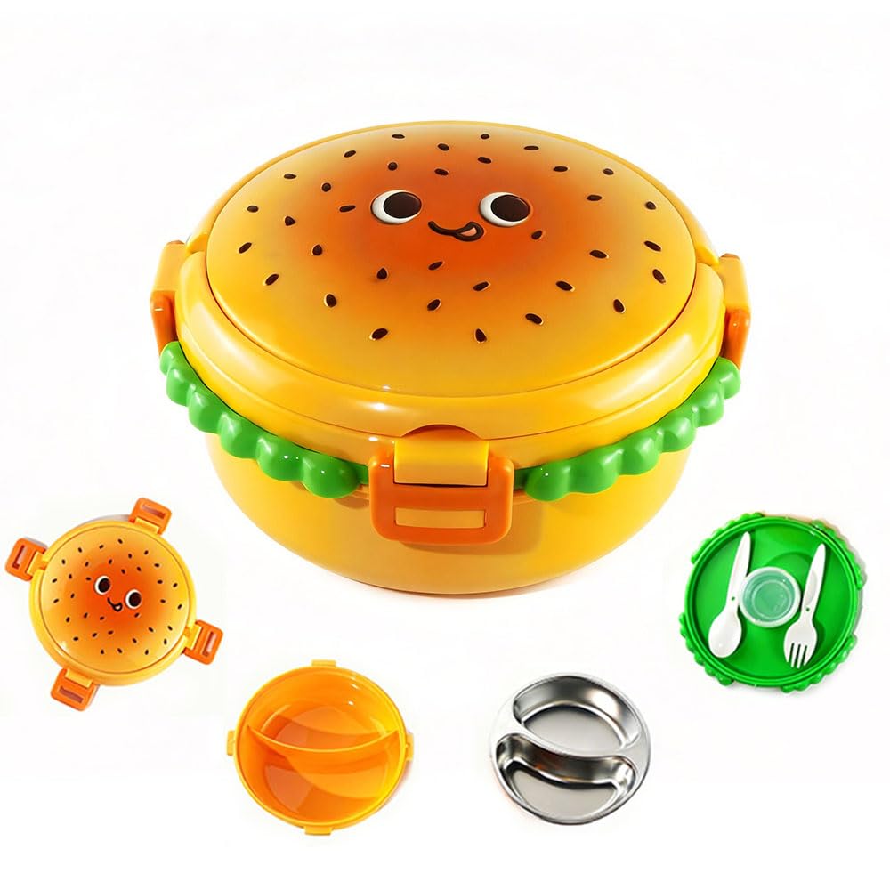 Śliczne pudełko na lunch w kształcie burgera, wyjmowane pudełko Bento 4 w 1, z tacą ze stali nierdzewnej, izolowany pojemnik z widelcem, łyżką i pudełkiem na sos