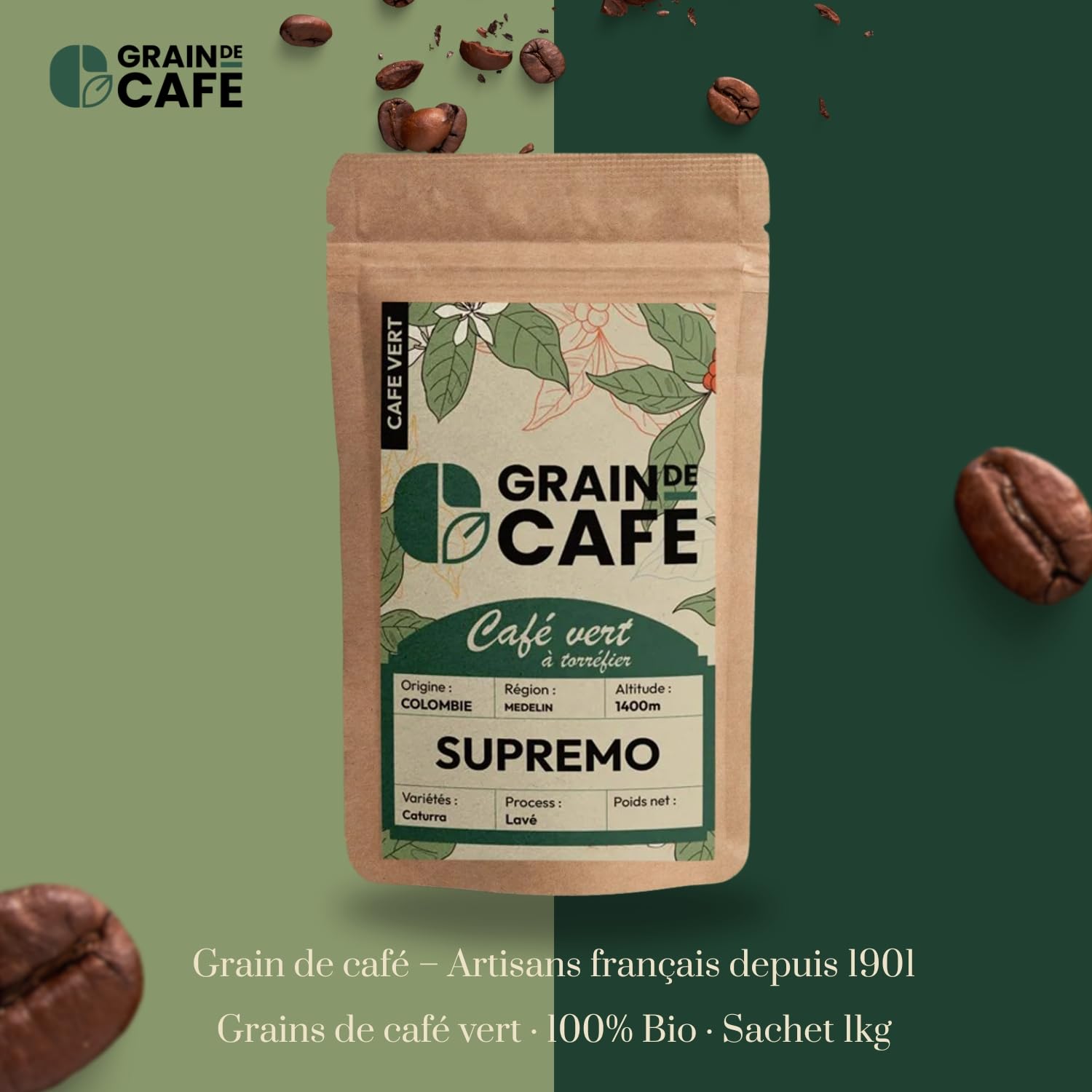 Graindecafé – Café Vert Colombie Supremo 1kg | 100% Arabica Lavé Non Torréfié | De Montagne Rond Et Aromatique | Notes De Cacao Et Fruits Jaunes | Idéal Machine À Grain Une Fois Torréfié