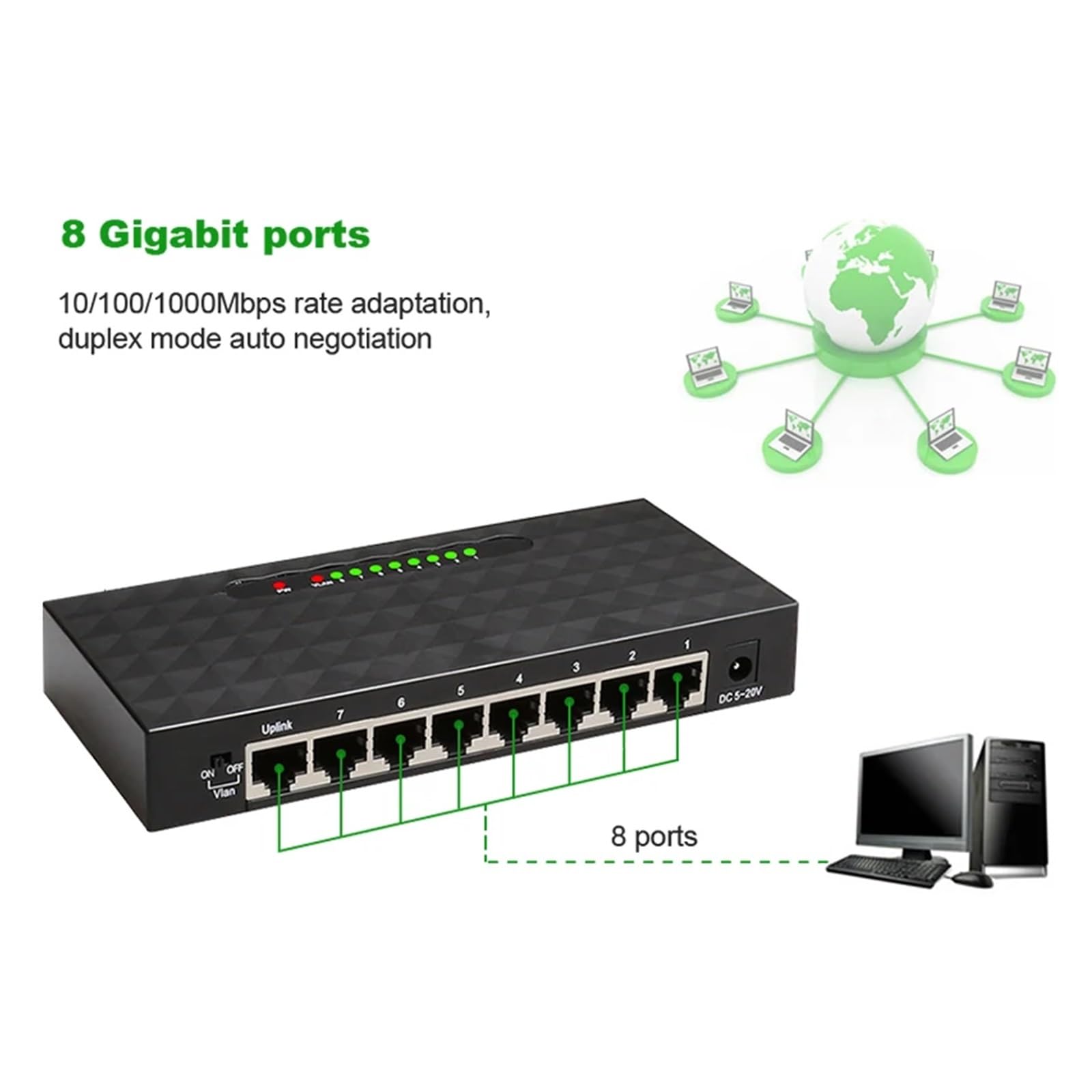 Commutateur réseau Gigabit 8 Ports 1000Mbps commutateur Intelligent Ethernet répartiteur Internet Hub RJ45 Haute Performance (Color : US 8 Port 1000Mbps)