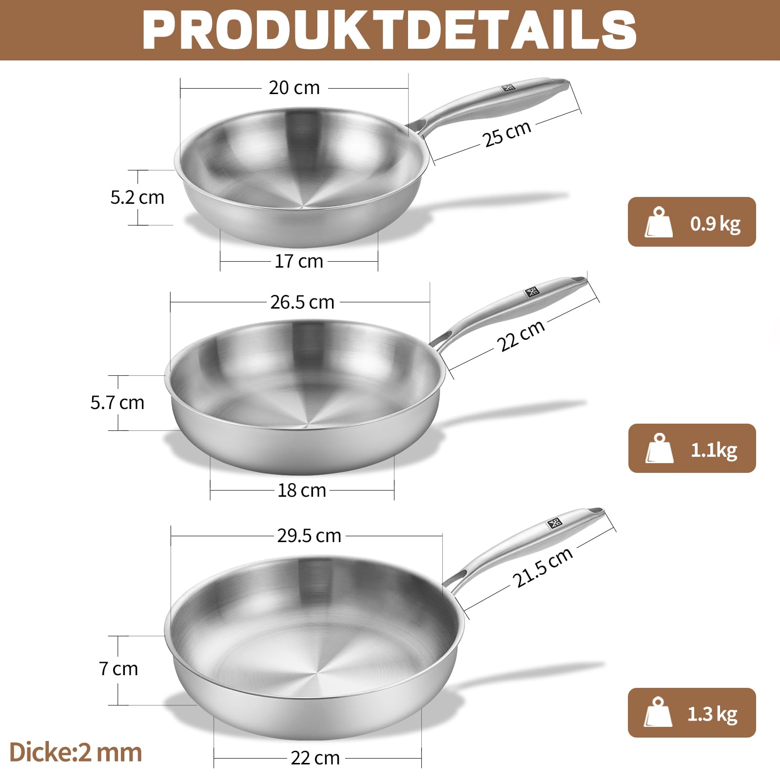 GOLDEN KEY Edelstahlpfanne Set 28 24 20 cm, Bratpfannen Edelstahl Induktion unbeschichtet, Edelstahl Pfanne ohne beschichtung,Stainless Steel Pan Set Für alle Herdarten Ofenfest Spülmaschinenfest