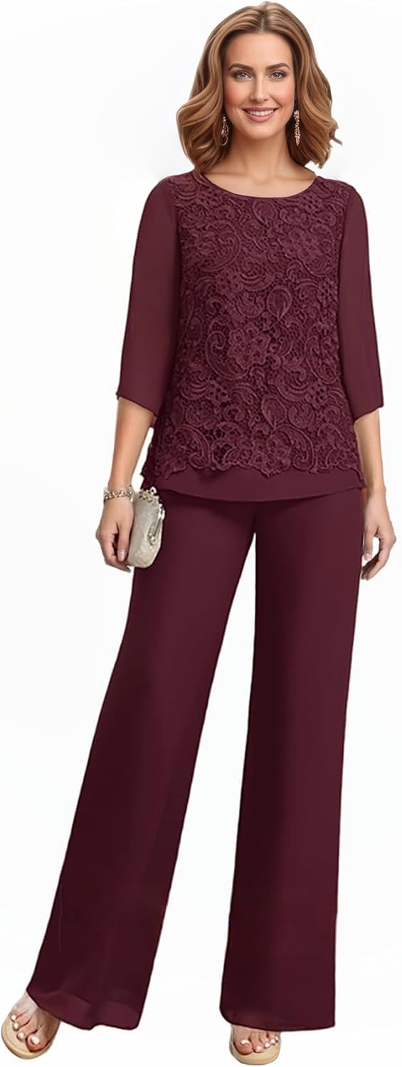 2 Pieces Mother of The Bride Pant Suits Chiffon Lace Appliques Scoop Neck Formal Wedding Guest Pantsuits WT034