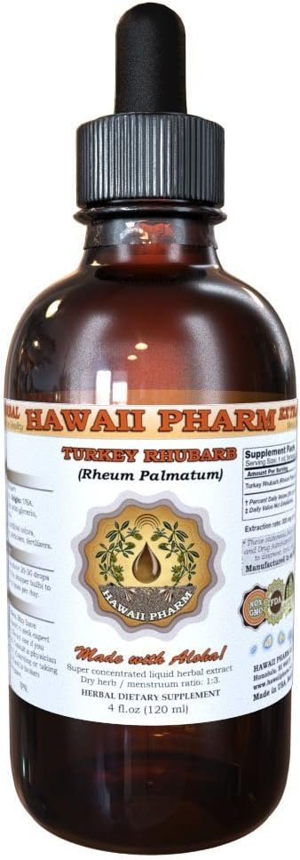 Hawaii Pharm Turkey Rhubarb Liquid Extract, Turkey Rhubarb (Rheum Palmatum) Tincture, Herbal Supplement, Made in USA, 4 fl.oz