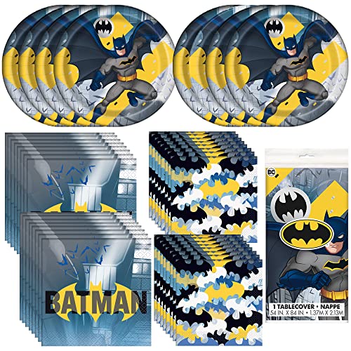 Unique Batman Party Bundle for 8 - Luncheon & Beverage Napkins, Dinner Plates, Table Cover - Superhero Birthday Party Officially Licensed Decorations Set