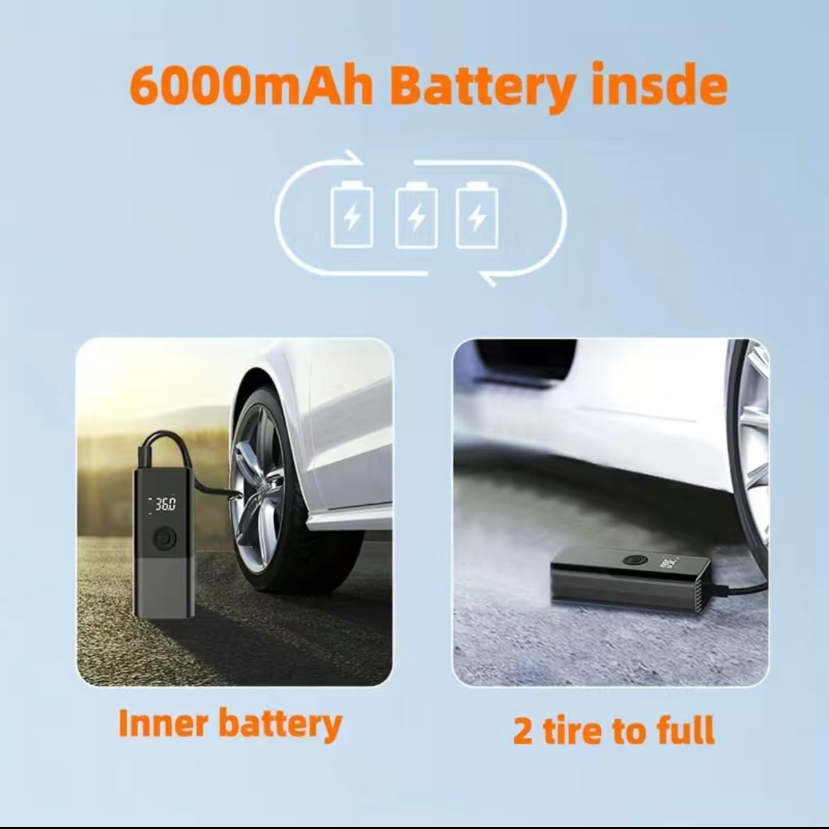 Cordless Car Tire Inflator Pump 150PSI Portable Air Compressor Pump for Car Tire with 6000mAh Battery Tire Pump with LED Light for Car Bike Motor Ball