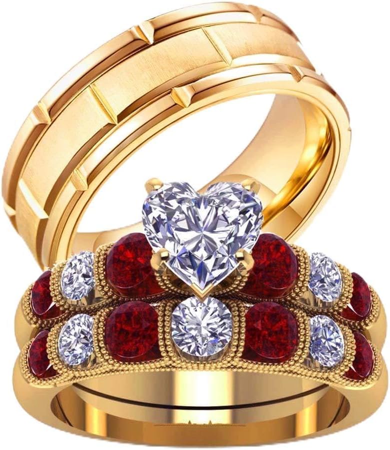 Two Rings His Hers Wedding Ring Sets Couples Rings Women's 10k Yellow Gold Plated White CZ Wedding Engagement Ring Bridal Sets & Men's Stainless Steel Wedding Band