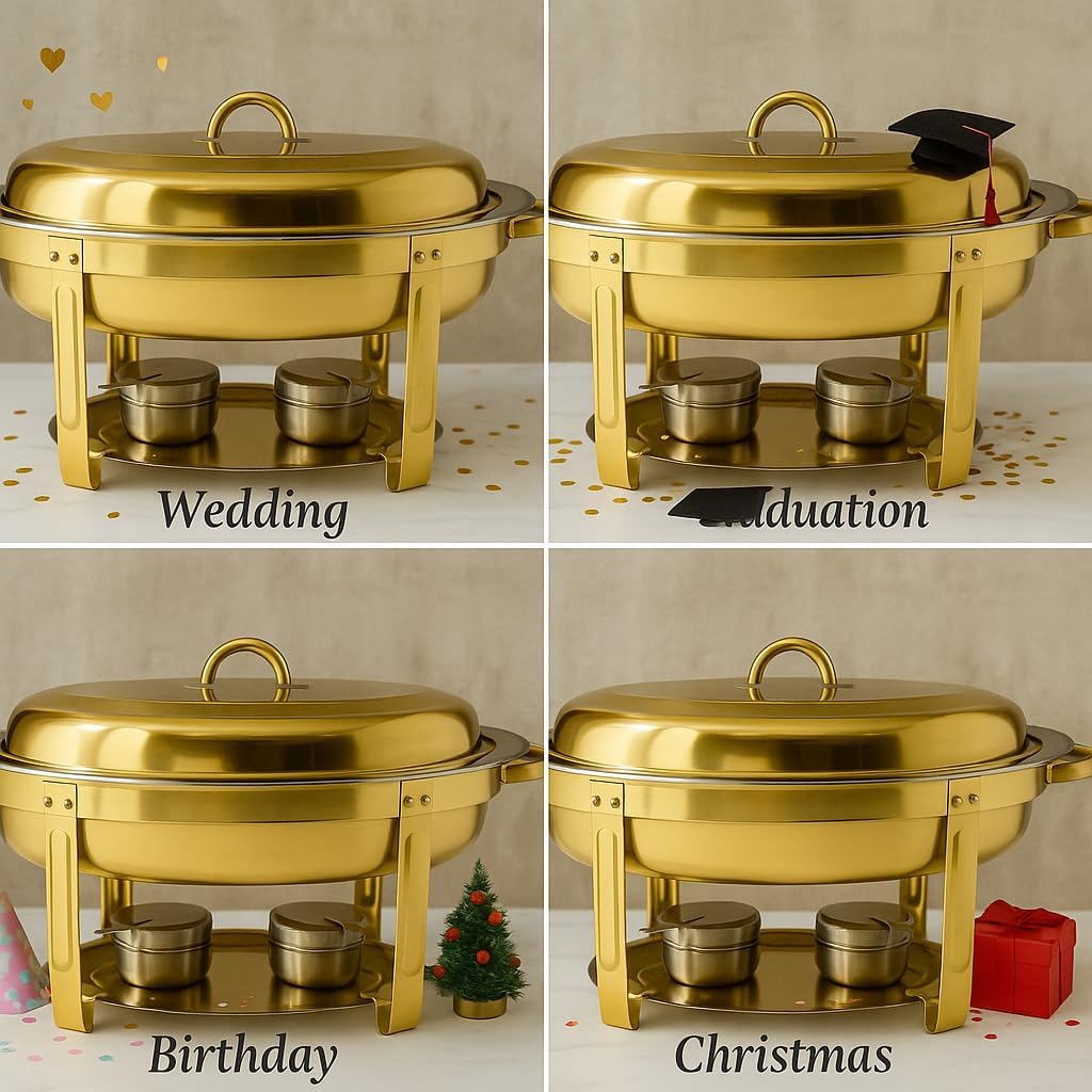 4 Pack Gold 6QT Oval Stainless Steel Chafing Dishes – Premium Buffet Warmer Set for Catering, Parties, Weddings, and Banquets