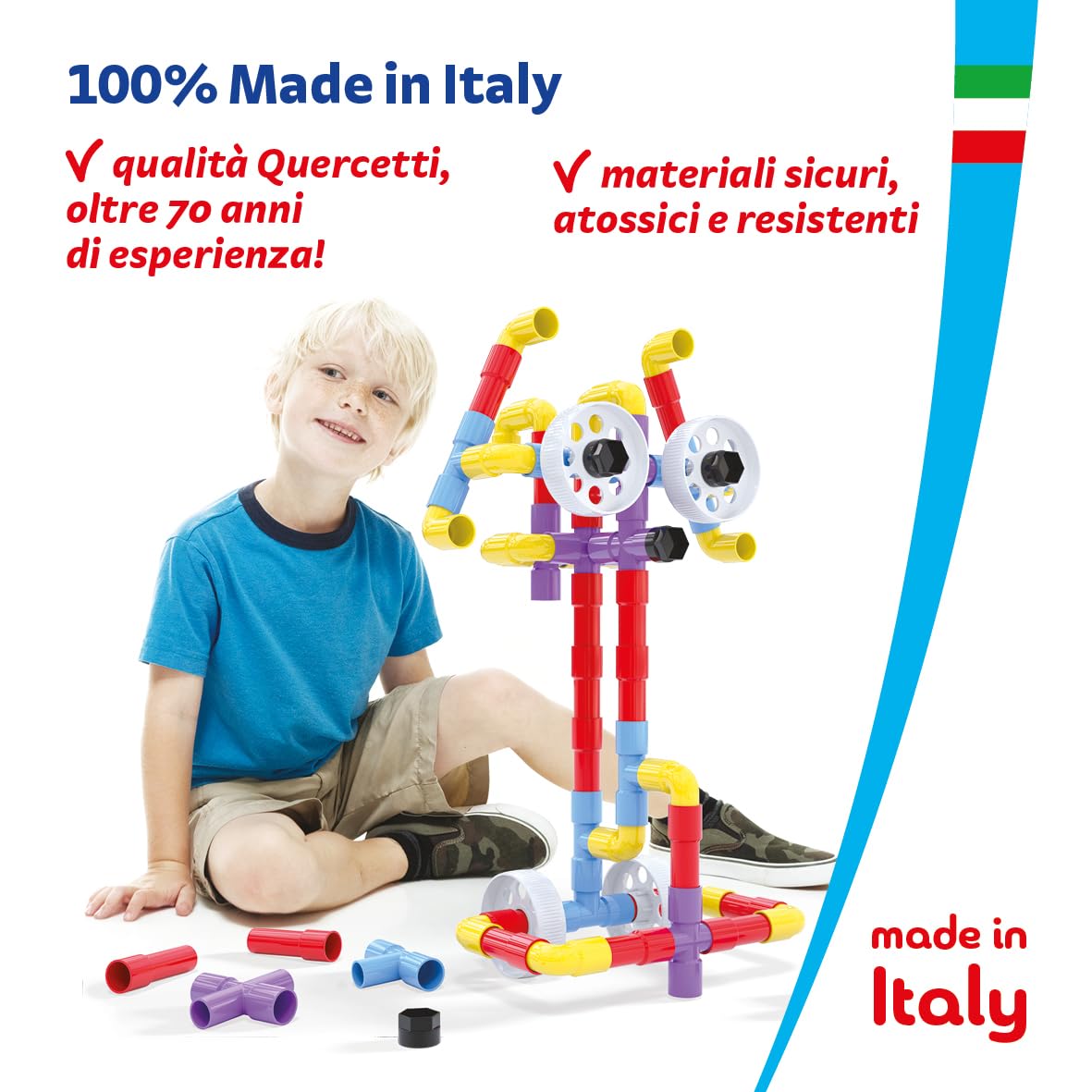 Quercetti Tubation Wheels 68 Pezzi, Giochi Bambini 3 Anni, Costruzioni per Bambini 3 Anni con Tubi Colorati e Ruote, Giochi Educativi e Giochi Creativi, Giochi per Bambini, Made in Italy