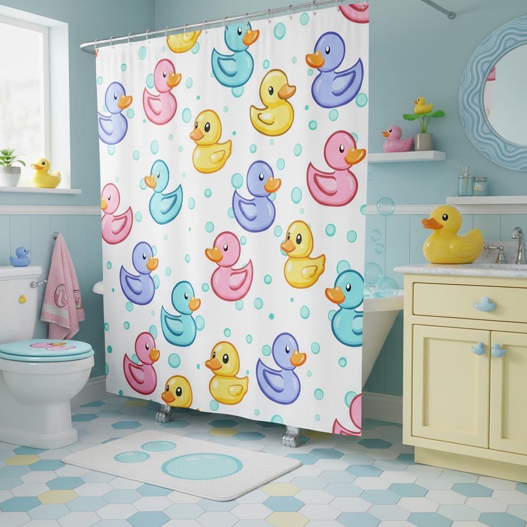 Homewish Colorful Duck Shower Curtain Set with 12 Hooks,Funny Duck Bathroom Curtain,Kids Girls Teens Blue Shower Bubbles Waterproof Fabrics Cartoon Animal Bathroom Decor,72" W x 72" L image 4