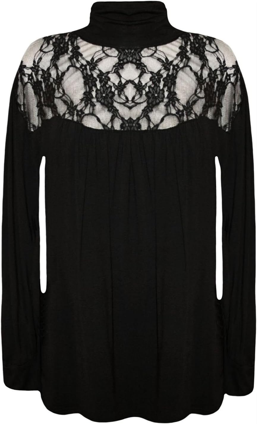 Size 16 Black Lace Gothic Victorian Lace Roll Polo High Neck Top Blouse