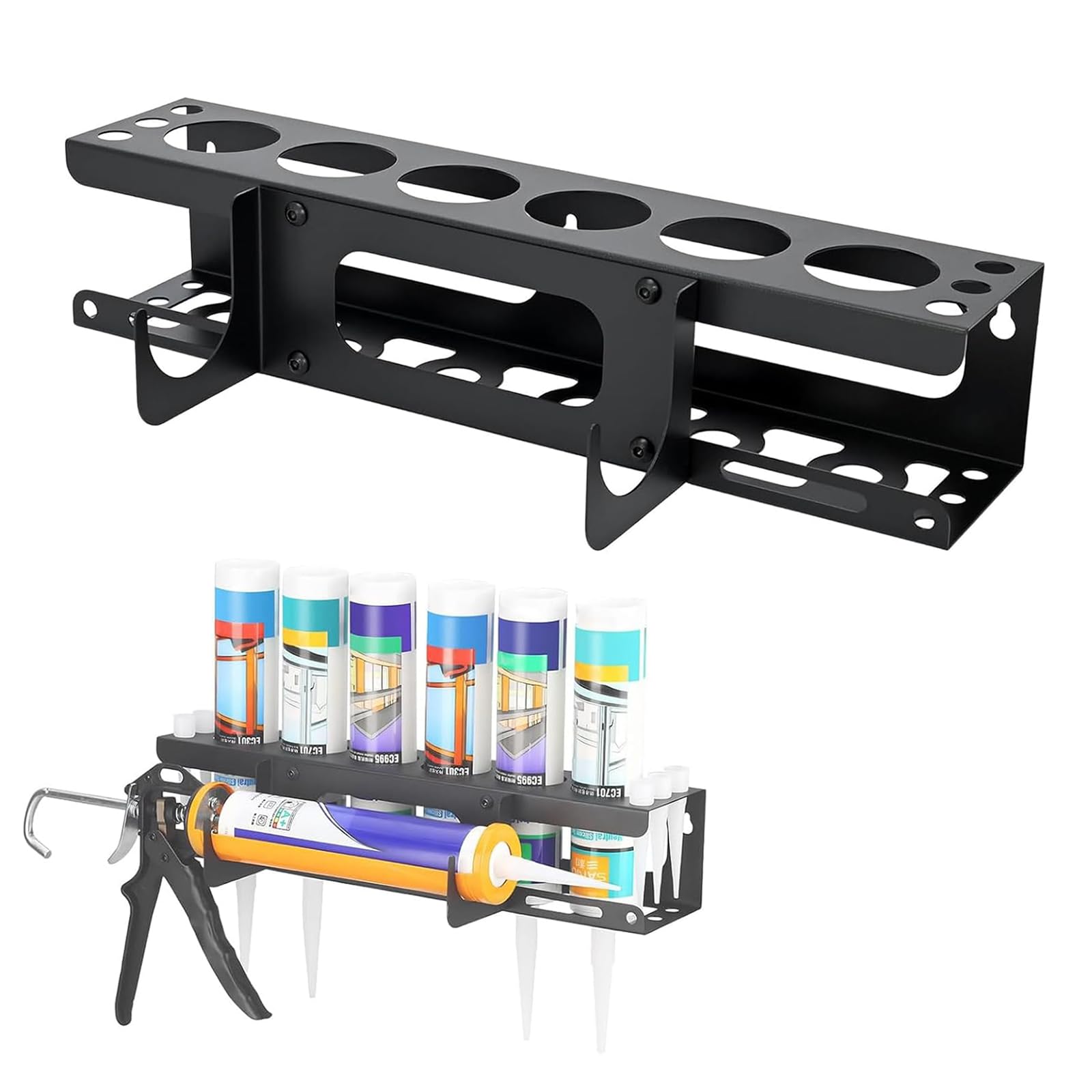 RONGJUKD 6 Holes Silicone Tube and Caulking Guns Metal Storage Holder,Wall Mounted Caulking Sealant Caulking Tube Storage Rack Van, Workshop Garage Organiser,Black