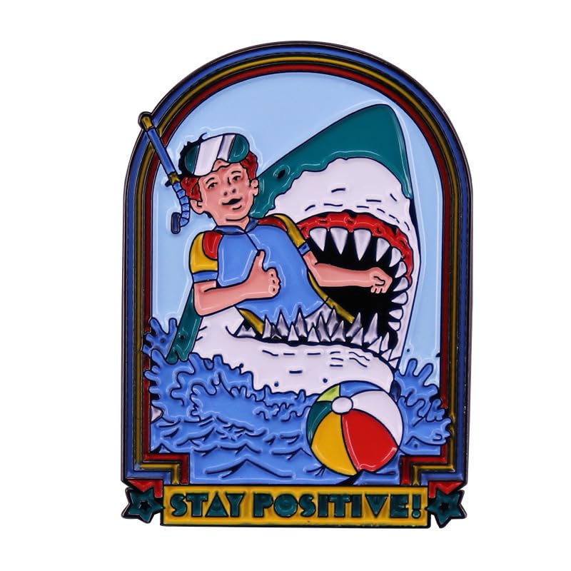 Image of Stay Positive Funny Enamel Lapel Pin Swimming meets sharks badge brooch for backpack and coat