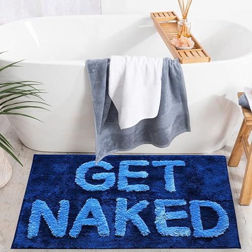 Miniatura 2 de Evovee Alfombra de baño con texto en inglés «Get Naked», divertida y bonita, antideslizante, lavable y con texto en inglés «Get Nake», color azul