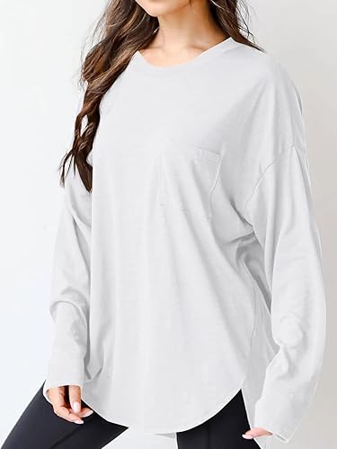 Miniatura 3 de Wihion Camisetas de Manga Larga Holgadas para Mujer de Algodón Casual Cuello Redondo Color Sólido Túnica con Bolsillo
