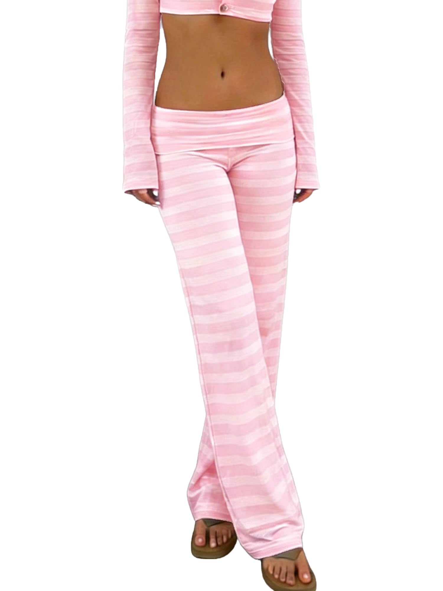 Anuedgis Y2K Striped Wide Leg Pants for Women Trendy Fold Over Low Rise Yoga Pant Casual Loose Going Out Sweatpants (B-Pink, L)