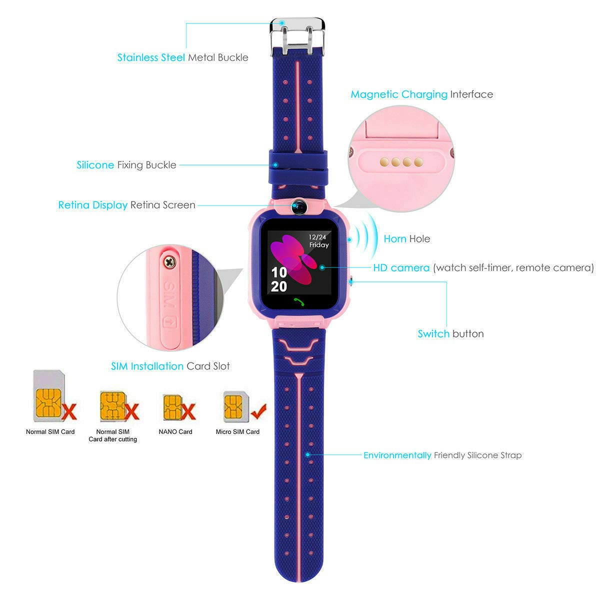 Enfants Smartwatch imperméable avec GPS Tracker Jeu de téléphone Montres SOS Appelez 3-12 pour Les Cadeaux IP67 d'anniversaire de Noël Filles et garçons avec caméra Voice Chat
