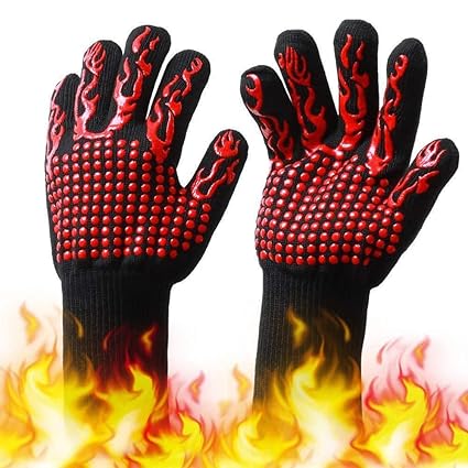 QUKAN Barbecue Gloves with Silicone Anti-Slip Stripe Heat Proof Oven Gloves 500~800? Heat Resistant Grill Gloves for Outdoor Barbecue Garden Grilling Kitchen Cooking Welding