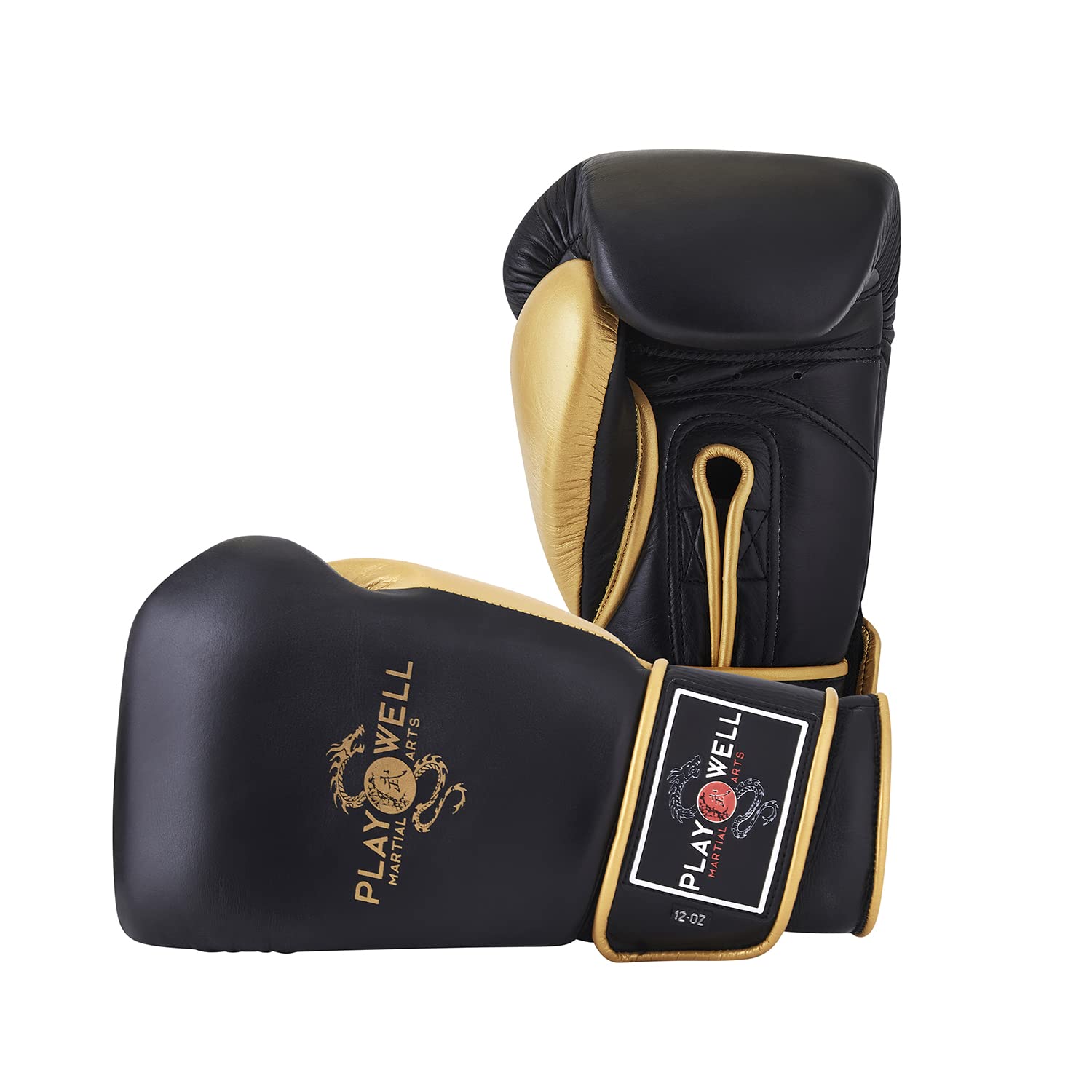 Playwell Gamma Premium: Pro Guanti da boxe "Champion" in vera pelle – Nero/Oro – NUOVO