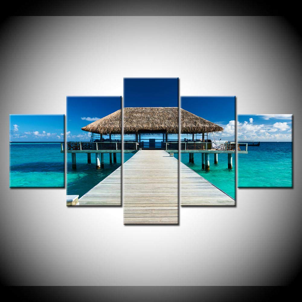 Stampa su Tela 5Pcs Tela Pittura Mare Country House Paesaggio Estivo Arte della Parete Pittura Modulare Sfondi Stampa Poster Decorazione della Casa Canvas Mare Fiori Musica