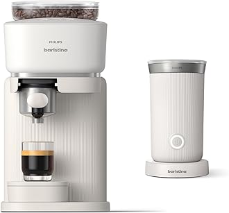 Philips Baristina Espresso Machine+Milk Frother Bundle. Real espresso. Compact coffee machine,portafilter, grinder, Cafe Crema. Dairy & Non-Dairy Milk foam​. Hot & Cold. Easy Clean. White (BAR303/00)