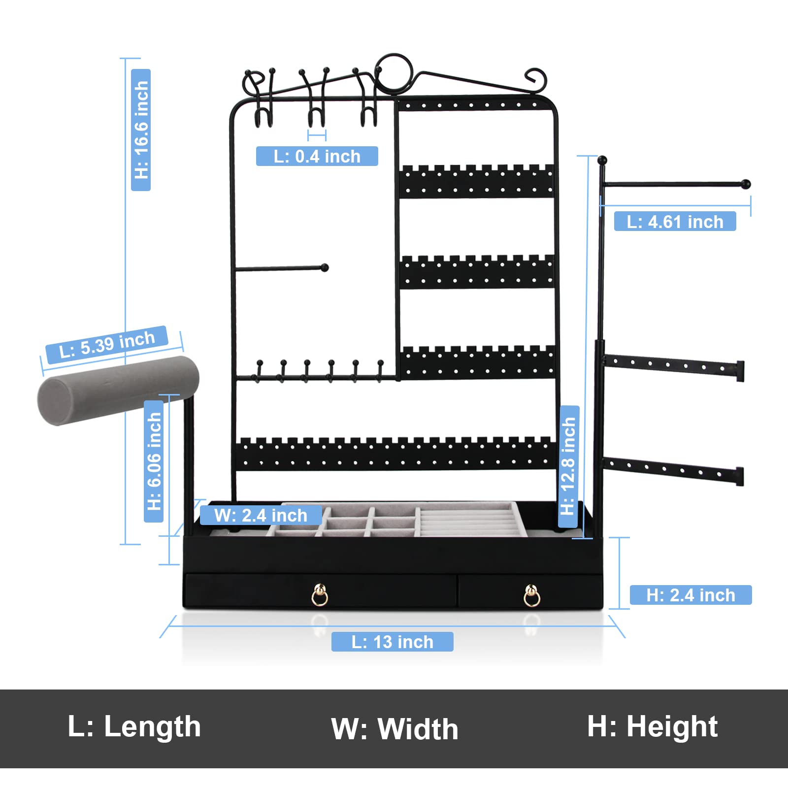 OMNINOVA Earring Organizer with Drawer, 5-Tier Jewelry Display Stand with Metal Open & Drawer Storage Tray for Necklaces Bracelets Watches and Rings, 154 Earring Holder & 2 Bracelet Holder, Black