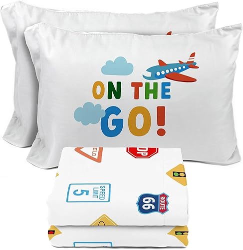 Sunny Side Up On The Go - Juego de sábanas tamaño matrimonial, juego de ropa de cama de 4 piezas para niños, incluye funda de almohada, sábanas de