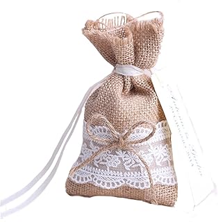 Lance Home® Sacchetti in Tela, 30 pz Sacchetto rustici Juta Naturale in Lino con Fiocco Pizzo Decorazione Matrimonio Tema Natura bomboniera con Nastro e Etichetta
