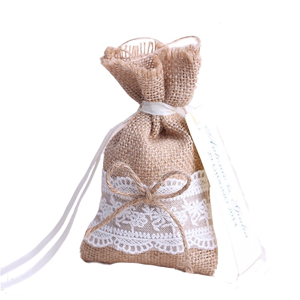 Sacchetti in Tela, 30 pz Sacchetto rustici Juta Naturale in Lino con Fiocco Pizzo Decorazione Matrimonio Tema Natura bomboniera con Nastro e Etichetta