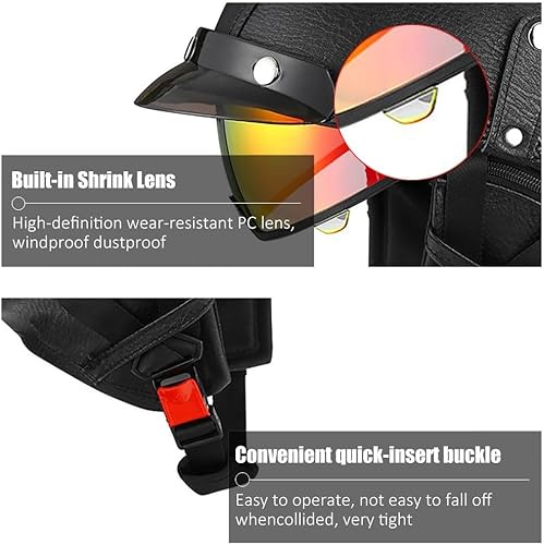 Miniatura 5 de Cascos Moto Retro Jet Vintage Medio, DOT Homologado Visera Retráctil PC y Hebilla Rápida, Desmontable para Hombre Mujer Adultos, Scooter Crucero